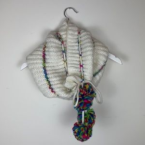 Betsy Johnson White Funfetti Knitted Rainbow Cowl with Pom Poms
